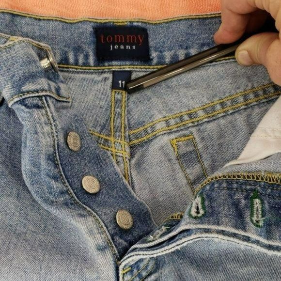 Tommy Jeans Jean Shorts Button Fly Cut Off Distressed Patchwork Size 11 - Picture 6 of 7